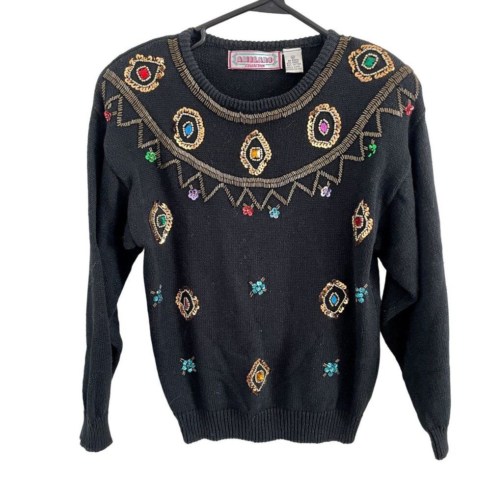 Vintage 80s Amilano Collection Womens Beaded Sequin Sweater Shoulder Pads M